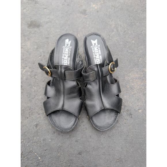 Mephisto Black Leather Wedge Sandals Womens Size 37 US 7 Studded Open Toe Buckle - Picture 2 of 8